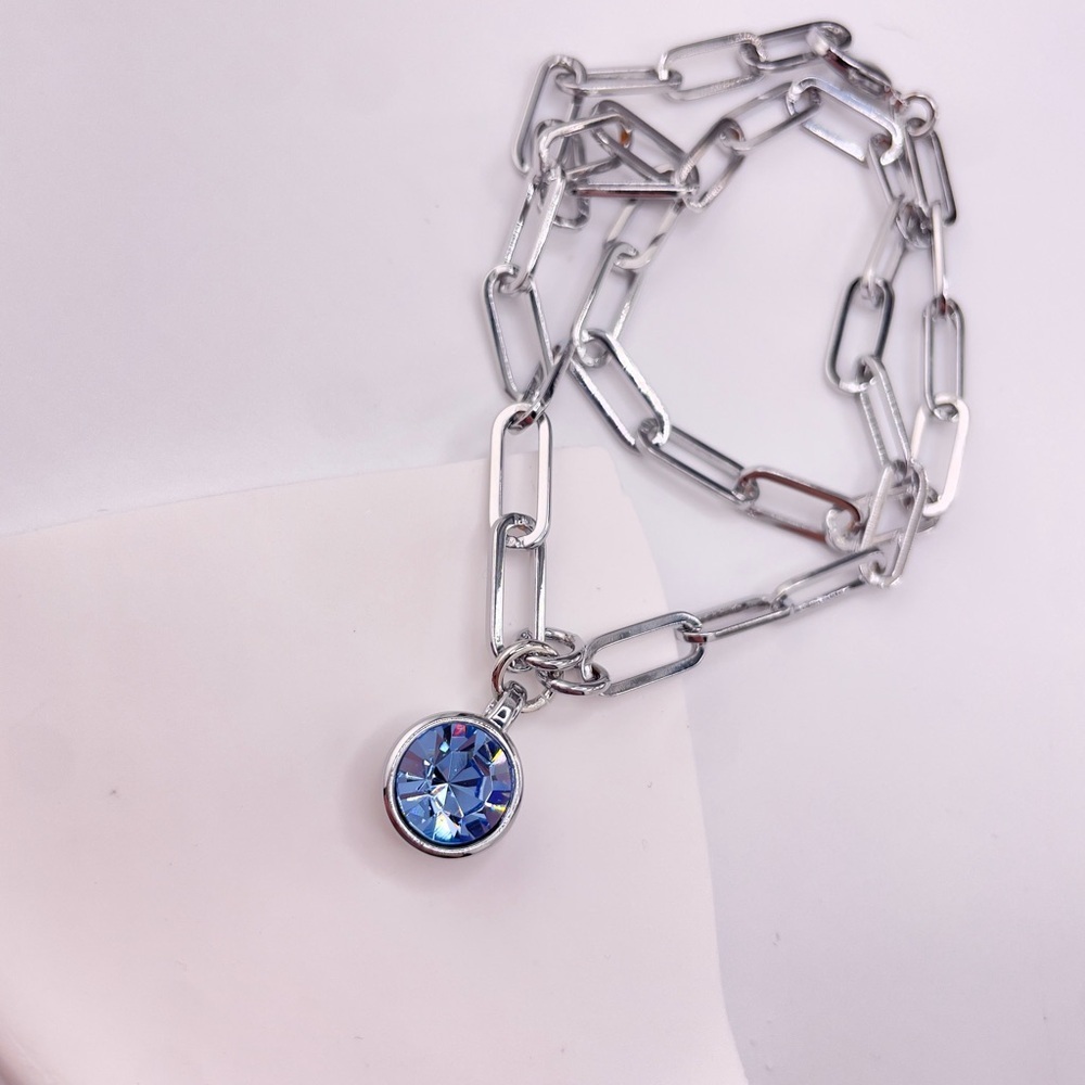 Light Sapphire Blue Crystal Silver Necklace, Blue Stone Round Charm Necklace